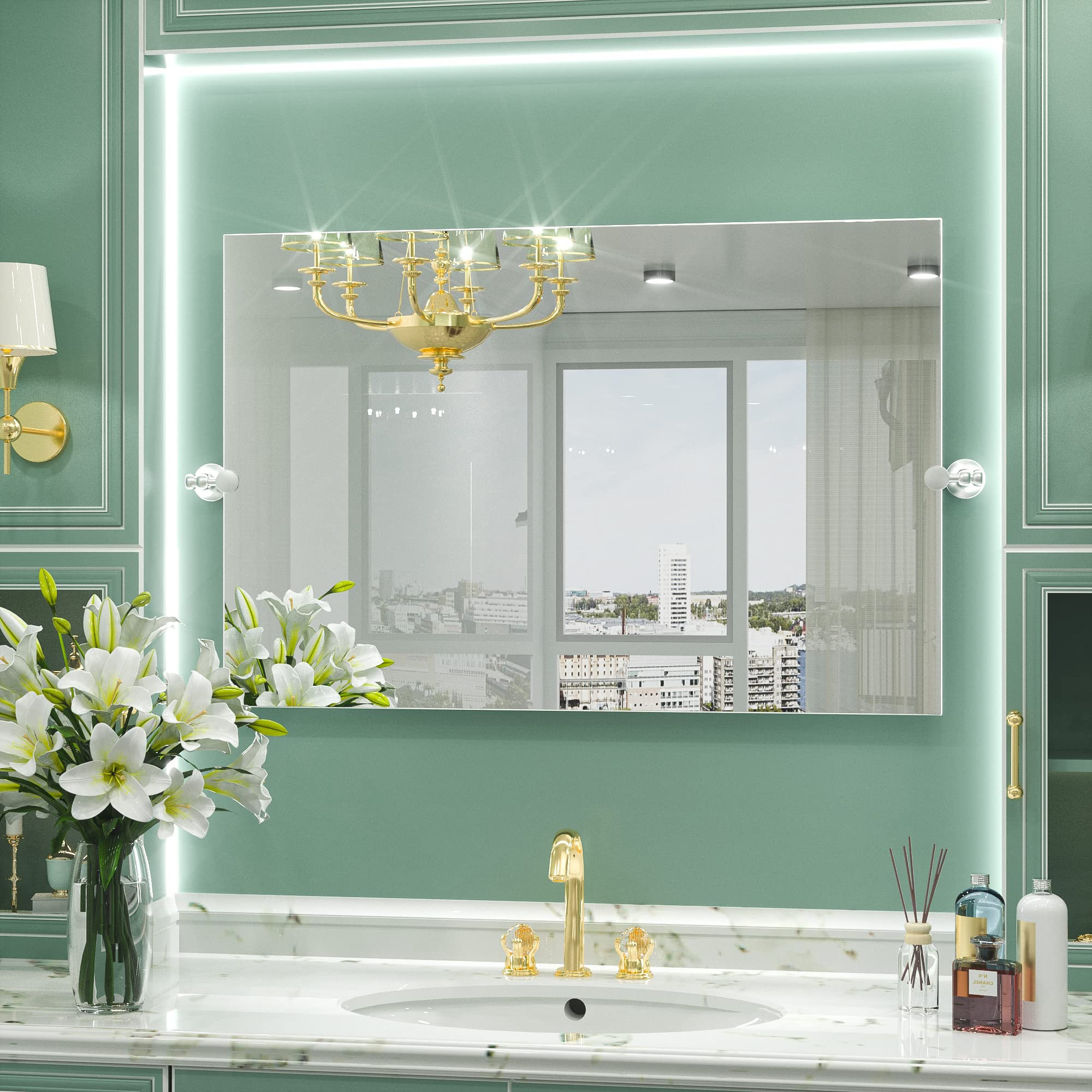 Orren Ellis Bathroom Mirror, Frameless Pivoting Beveled Makeup Wall