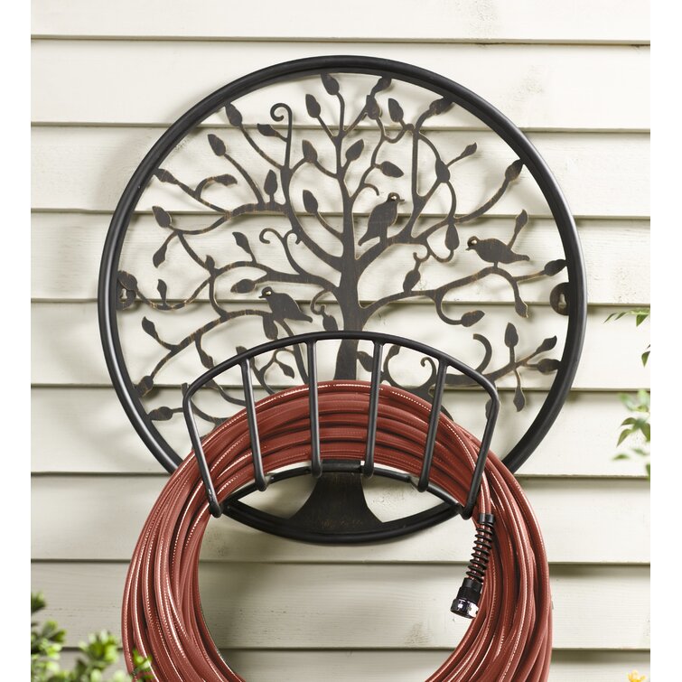 Brown MyGift Wall Mounted Cast Iron Garden Hose Hanger Rack with Bird Ornament and Tree Branch Design
