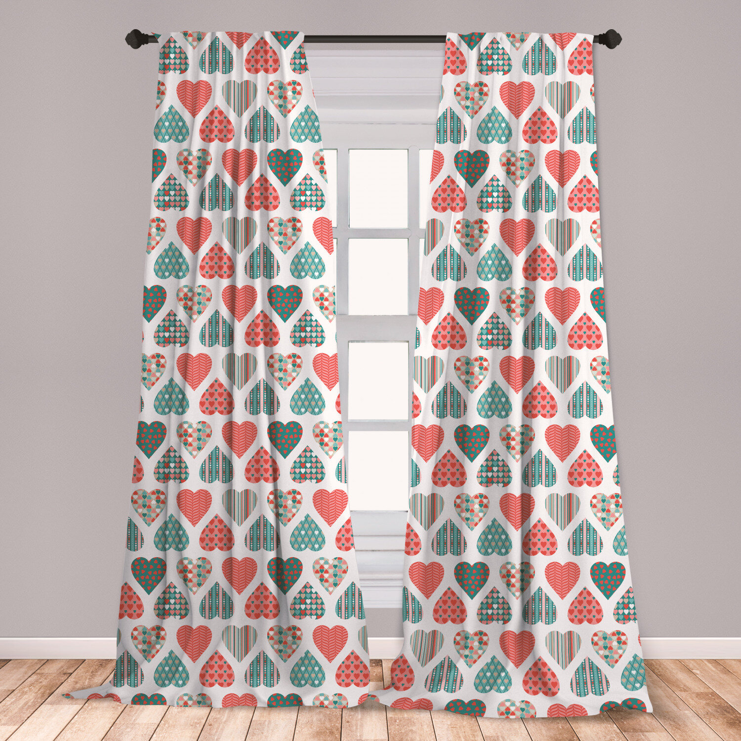 Awesome teal and coral bedroom ideas East Urban Home Ambesonne Valentines 2 Panel Curtain Set Retro Style Up And Down Hearts With Stripes Waves Checkered Patterns Lightweight Window Treatment Living Room Bedroom Decor 56 X 95 Teal