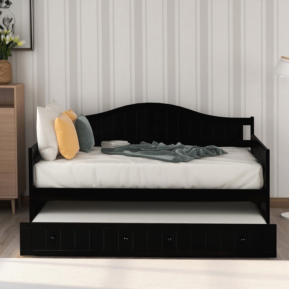 Details about   Wood Twin Platform Bed Frame w/ Wheels Trundle Bedroom Furniture White Gray US 