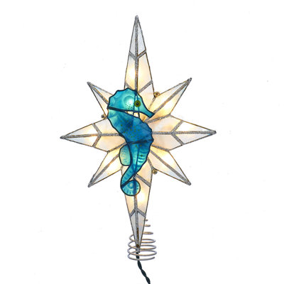 Kurt Adler 8-Point Illuminated Capiz Shell Bethlehem Star with Seahorse Treetop, 10 Incandescent Lights, 11.4"