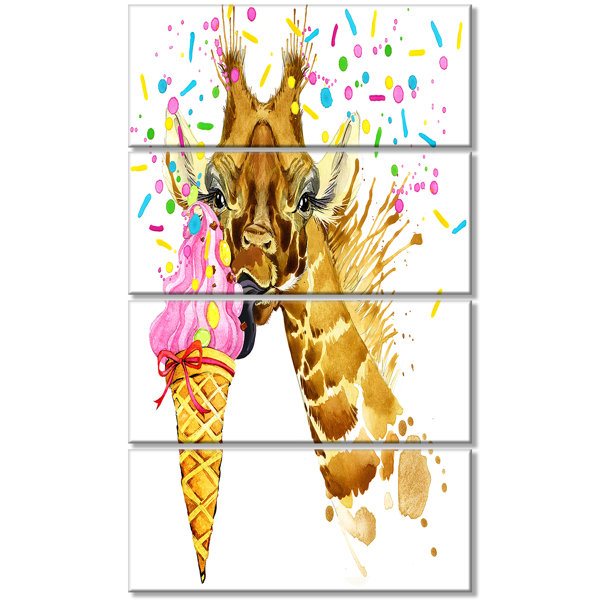 Designart Giraffe Eating Ice Cream Watercolor 4 Piece Painting