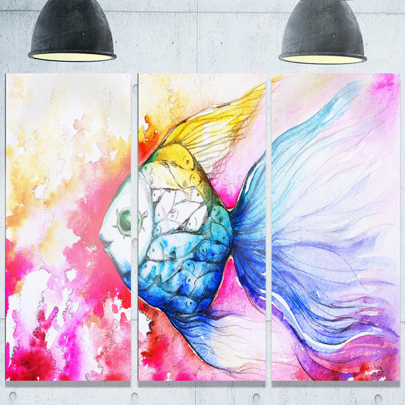 Designart Blue Fish On Red Background 3 Piece Painting Print On