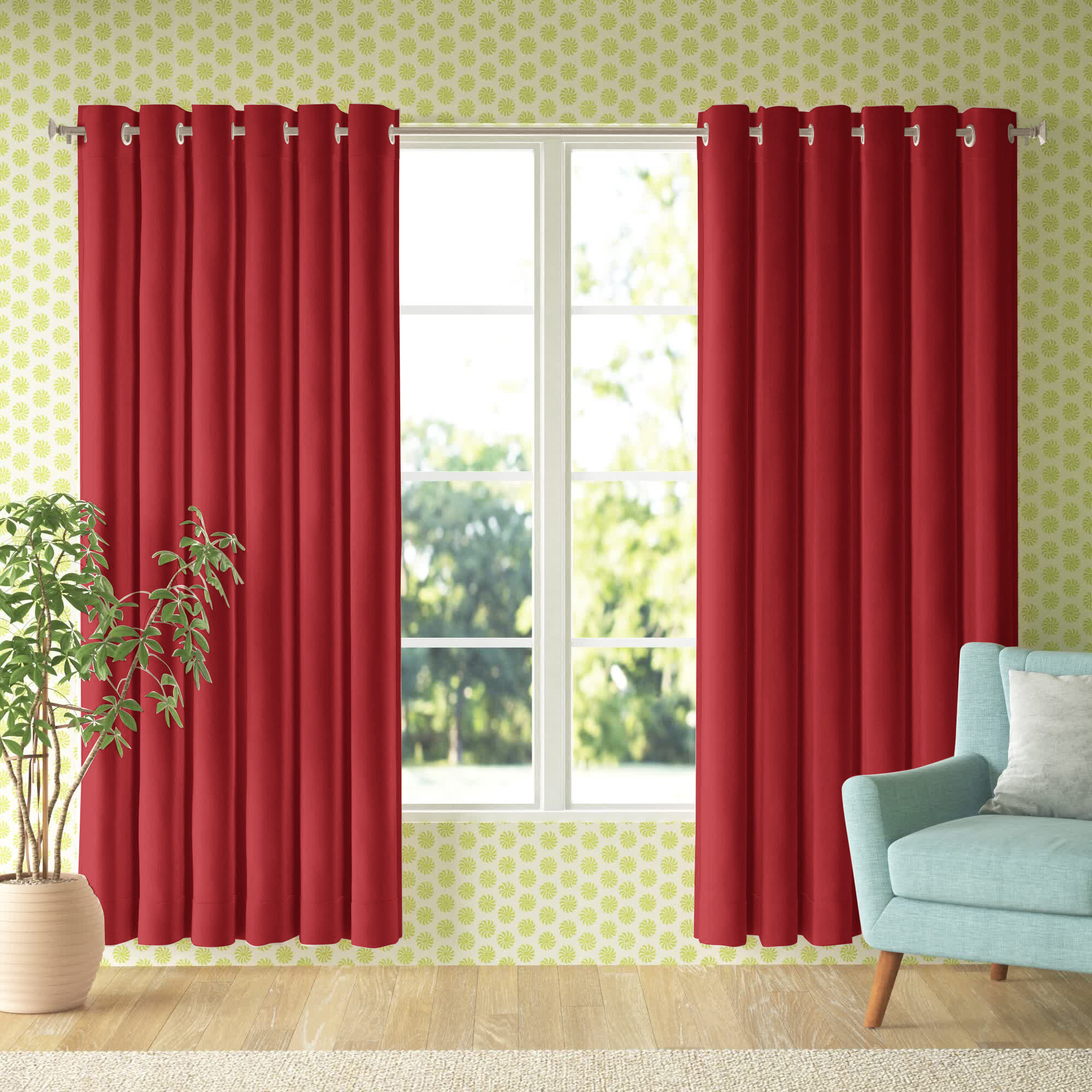 Eyelet Lined Curtains Skye Red & Ivory choice of sizes