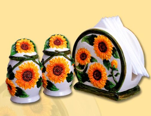 Ceramic Napkin Holder & Salt & Pepper Shaker Set With Sunflower Pattern Stylish