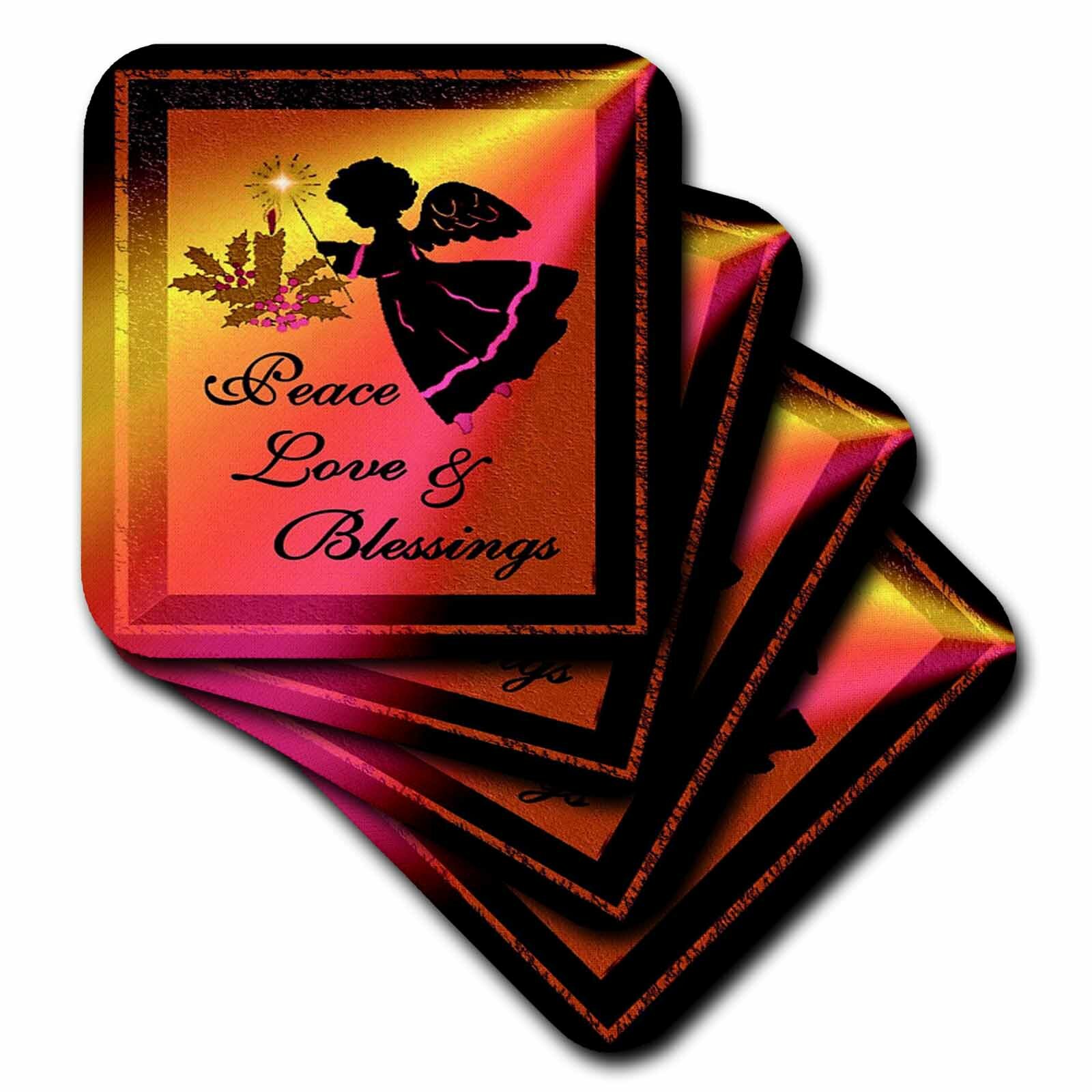 3dRose cst_6679_4 Angel-Peace Love and Blessings-Christmas Art 1-Ceramic Tile Coasters Set of 8