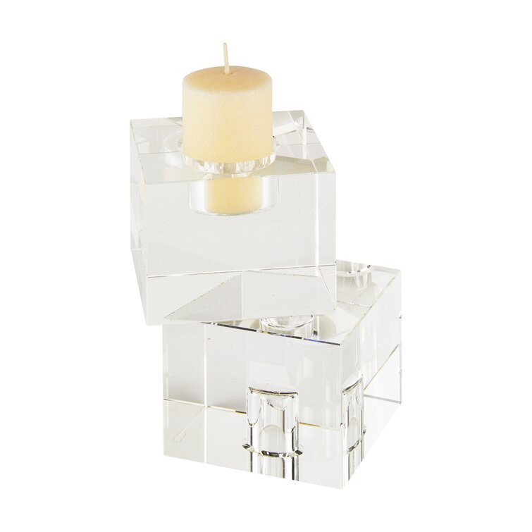 Candle Holder Cube Clear Glass Crystal Tealight Stand Candlestick Decor 3 Size
