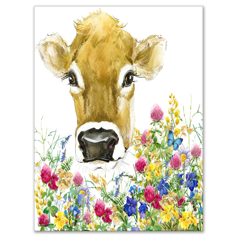 East Urban Home Farmhouse Cow In Colorful Flowers Watercolor