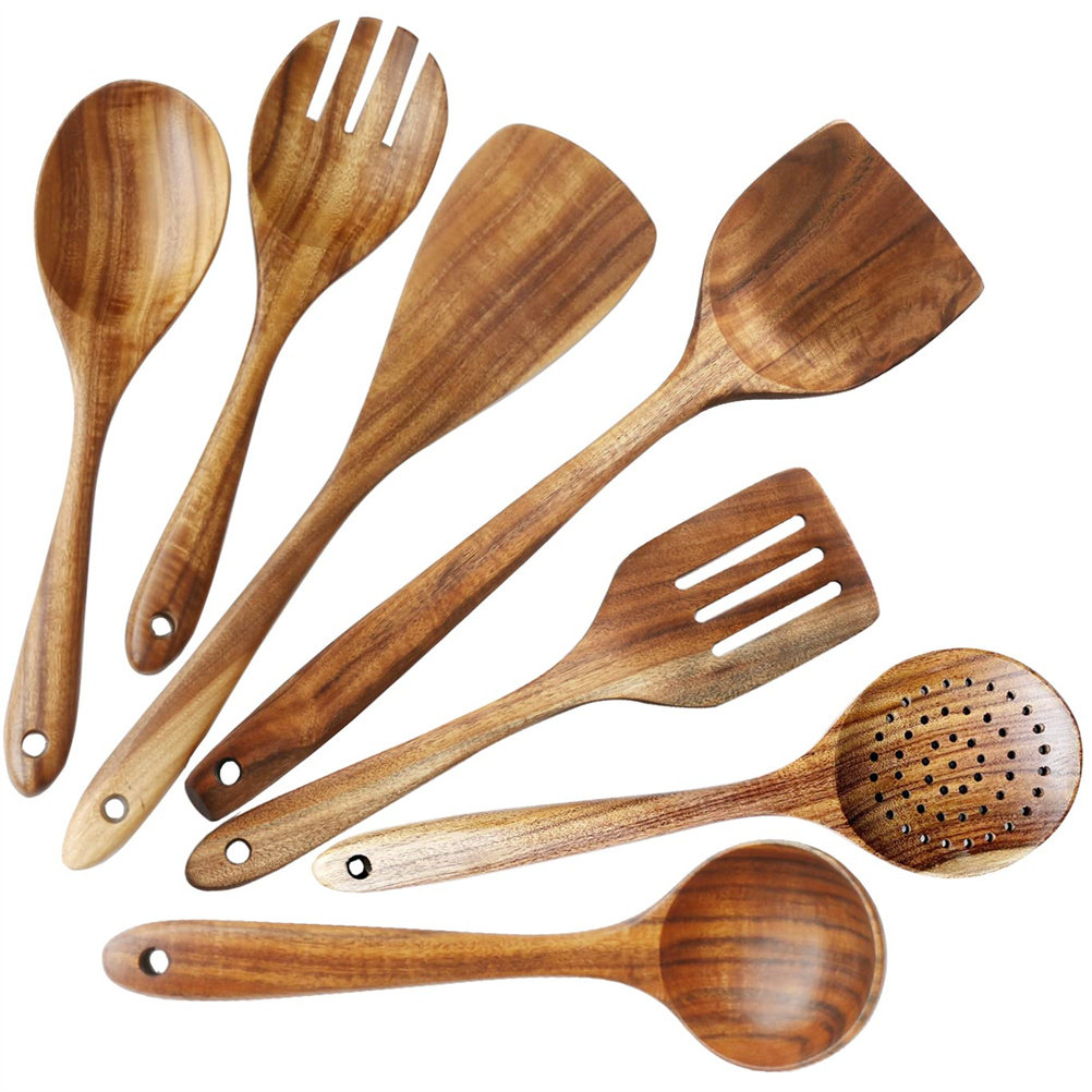 Handmade Natural Teak Cooking Spoons Wooden Spatula for Nonstick Cookware 5 Set 