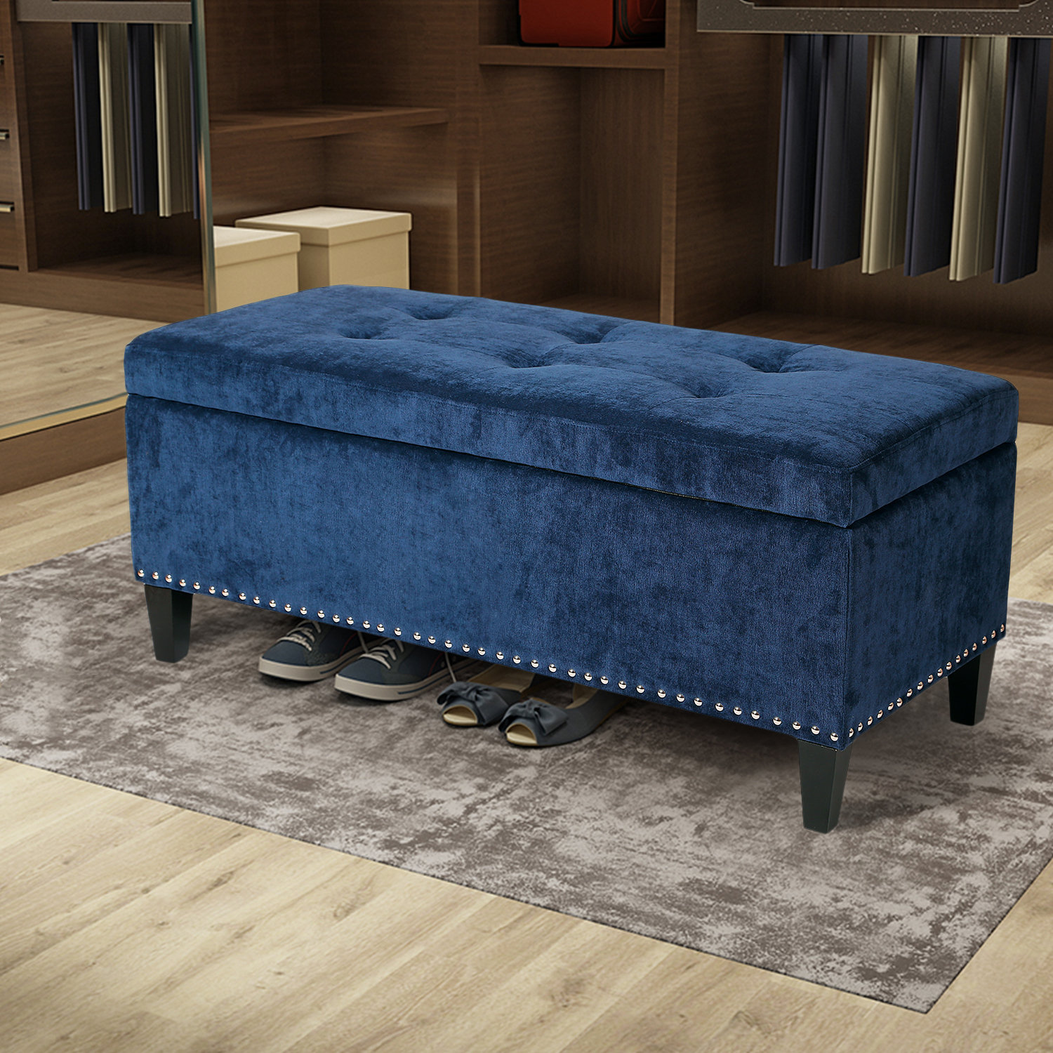 Tufted Velvet Fabric Rectangle Ottoman Bench Foot Rest Stool for Living Room 