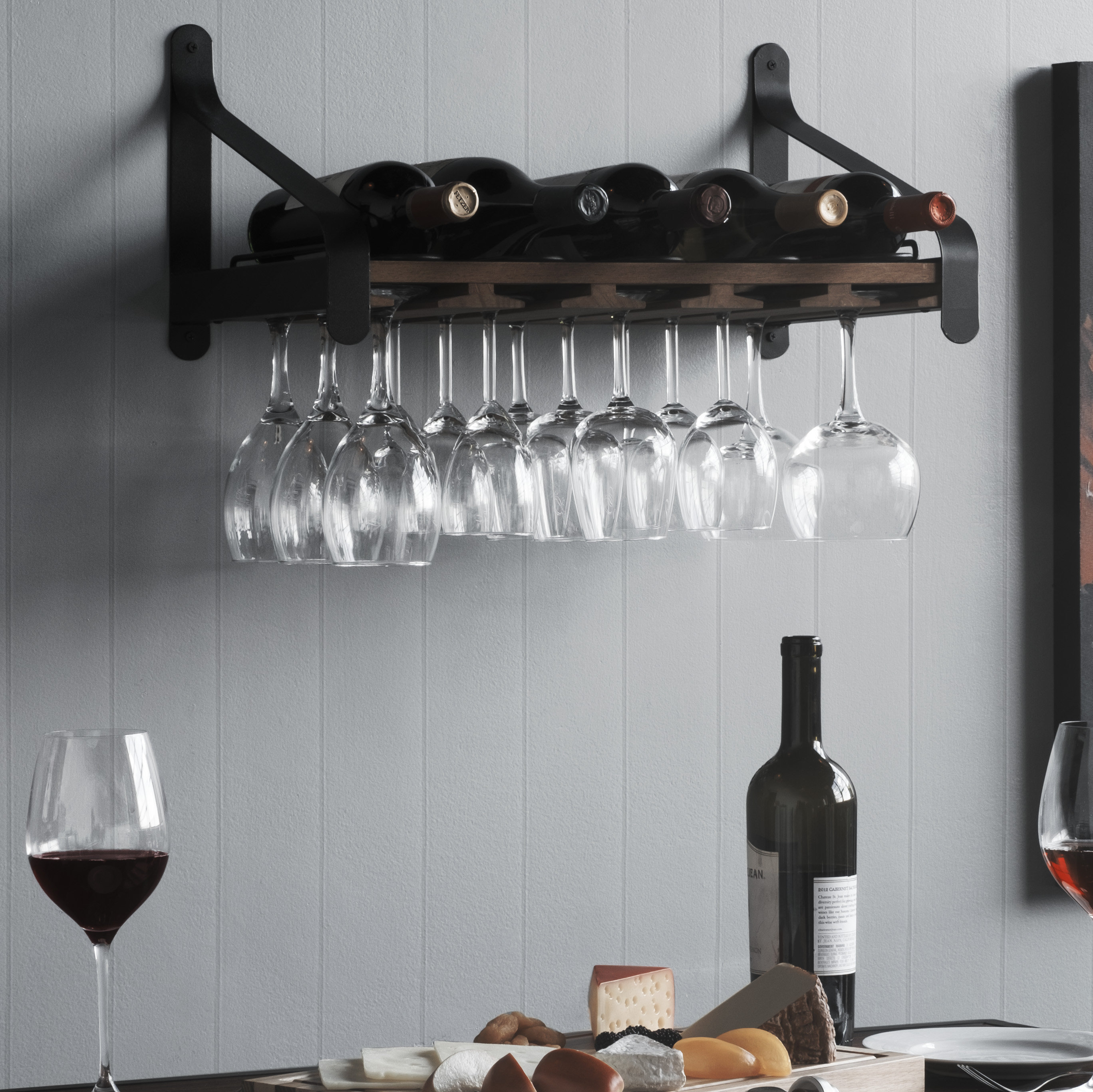 Union Rustic Stowe 5 Bottle Solid Wood Wall Mounted Wine Bottle And Glass Rack In Walnut Reviews