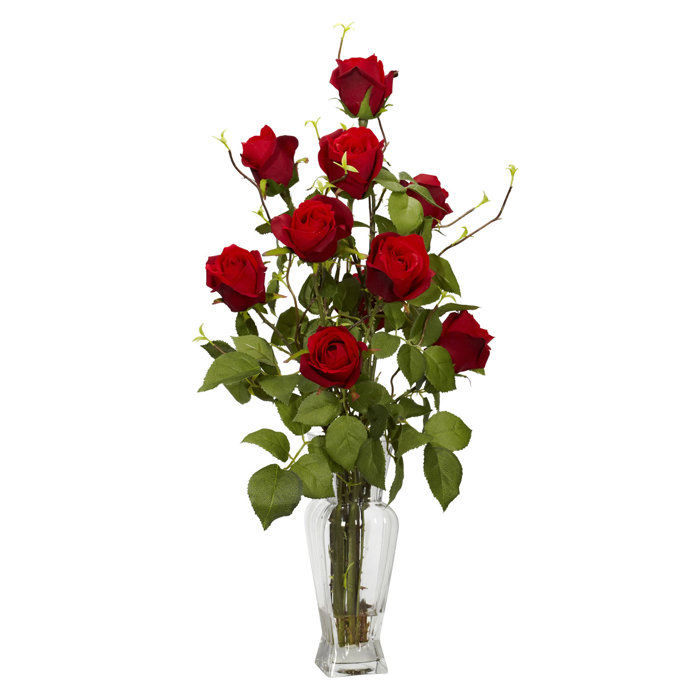 Nearly Natural Rosebud Silk Roses Floral Arrangement In Vase