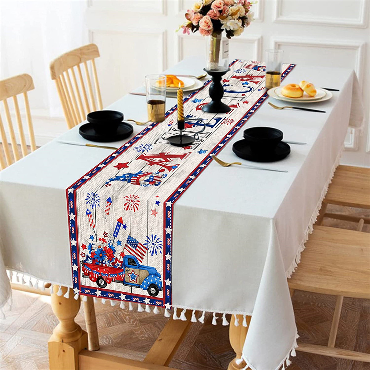 Old Trucks & Flags Patriotic Reversible Table Runner