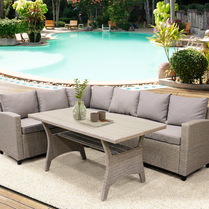 Latitude Run Patio Dining Table Set Outdoor Furniture Pe Rattan Wicker Conversation Set All Weather Sectional Sofa Set With Table Soft Cushions Grey Wayfair Ca