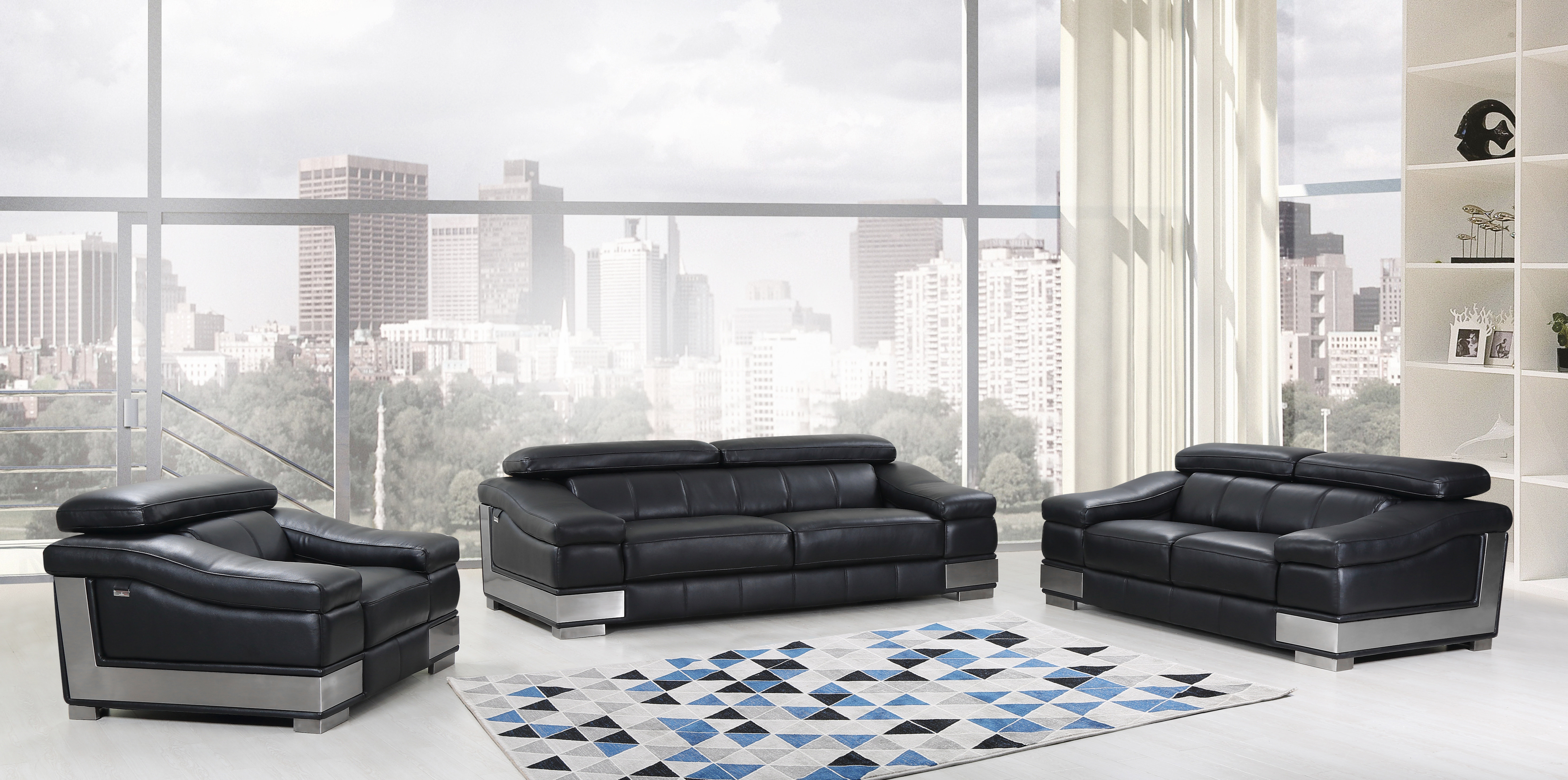 Black Genuine Italian Leather Luxury Sofa Loveseat & Chair 3pc Living Room Set 