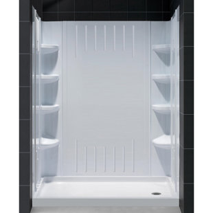Go to store & view more images DreamLine 36 in. D x 60 in. W x 75 5/8 in. H Right Drain Acrylic Shower Base and QWALL-3 Backwall Kit In White
