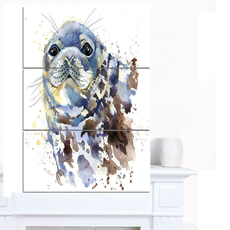 Designart Blue Marine Seal Watercolor 3 Piece Painting Print On