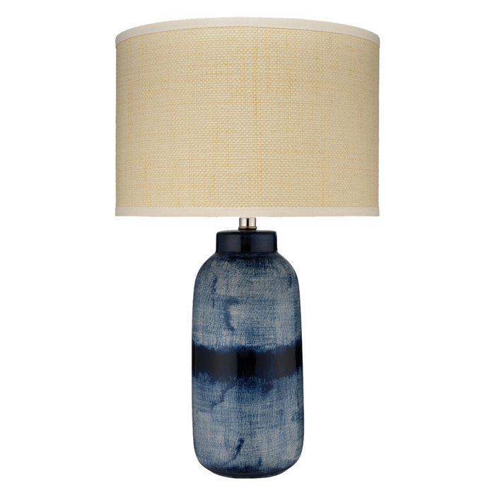 Large Batik Table Lamp In Indigo Ceramic With Medium Drum Shade Raffia Large Batik Table Lamp In Indigo Ceramic With Medium Drum Shade Raffia