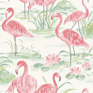 Removable Water-Activated Wallpaper Pink Watercolor Flamingo Birds White 