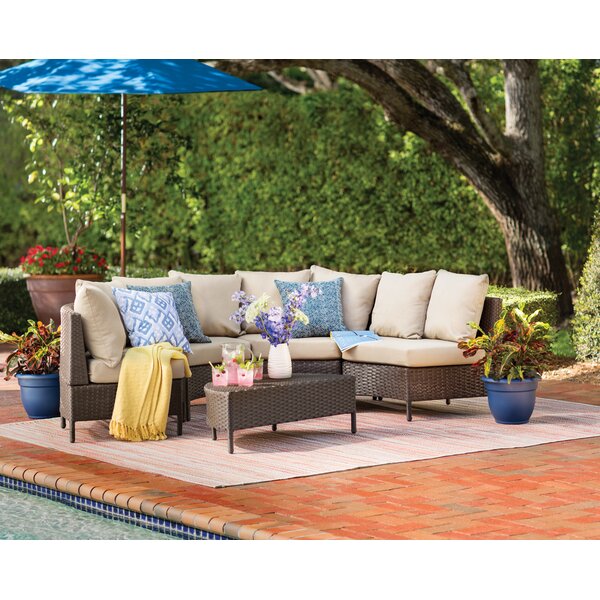Dowd Low Profile 5 Piece Rattan Sectional Set with Cushions