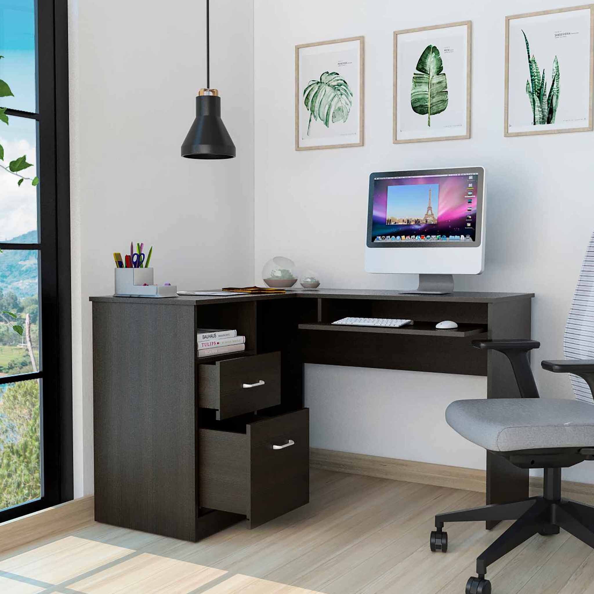 Home Office Computer Desk With Shelves Classic Black 
