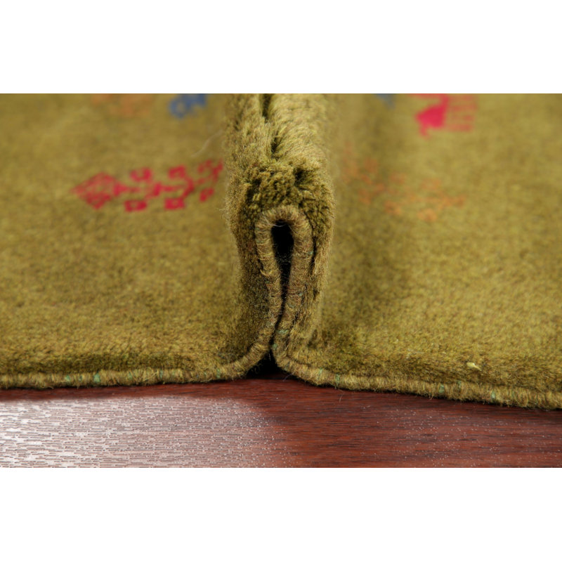 Green Solid Colour 3X5 Hand Made Gabbeh Tribal Shiraz Persian Wool Oriental Carpet Area Rug 4u00278