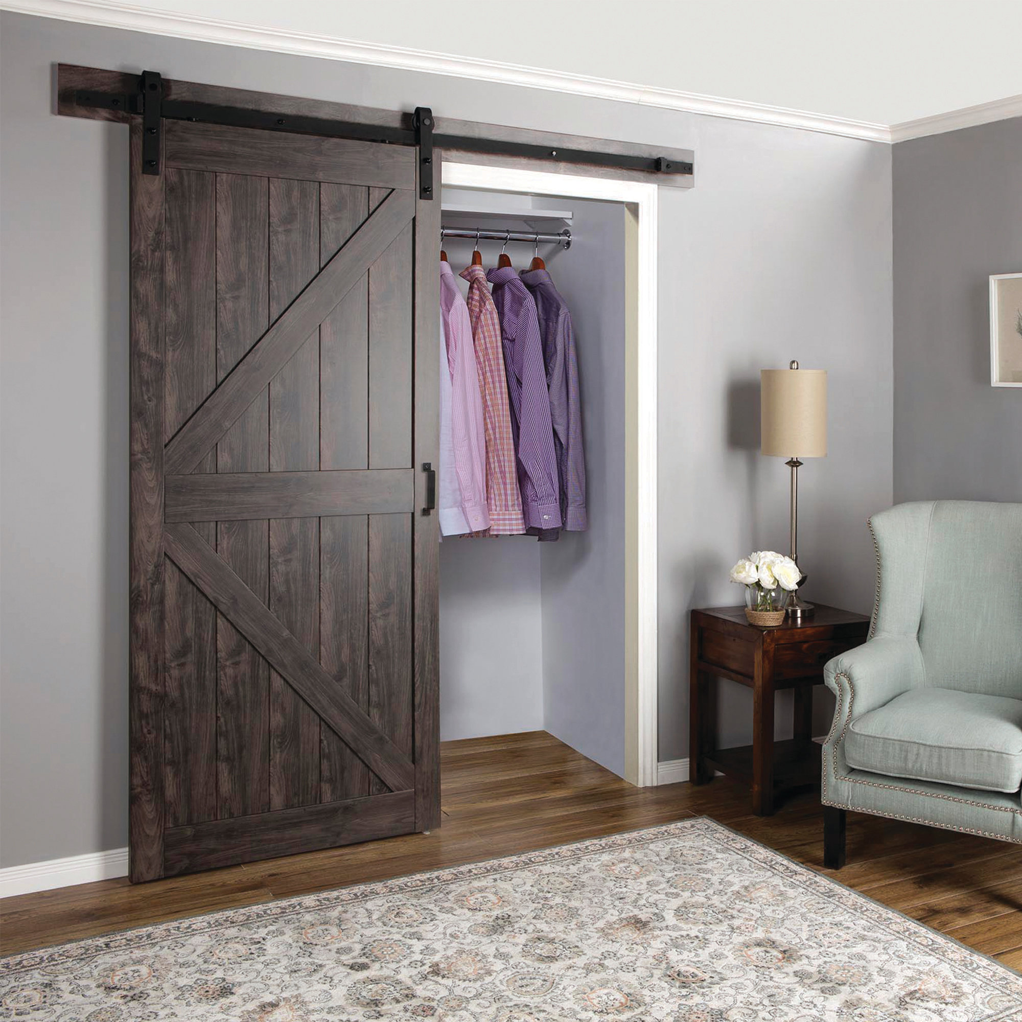 Paneled Manufactured Wood Finish Continental Barn Door With Installation Hardware Kit