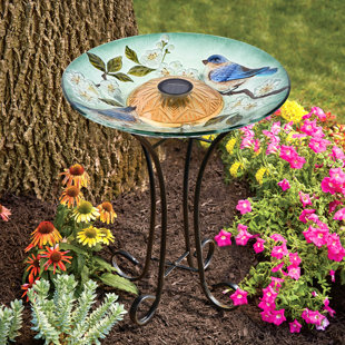 Flower Metal Birdbath & Stand NEW pink yellow garden centerpiece feeder art 