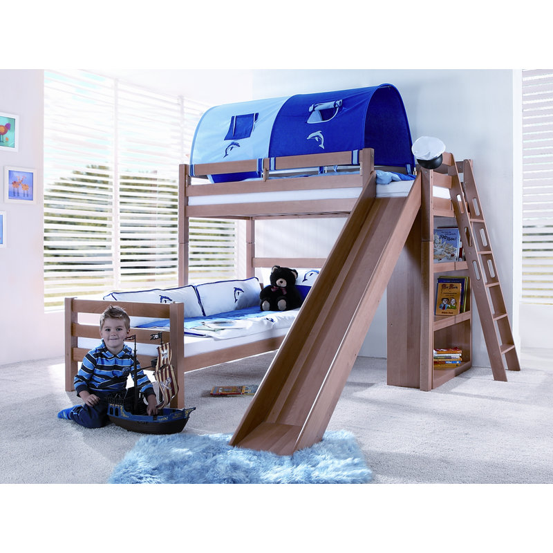 Mauricio European Single L-Shaped Bed with Bookcase, Tunnel and slide