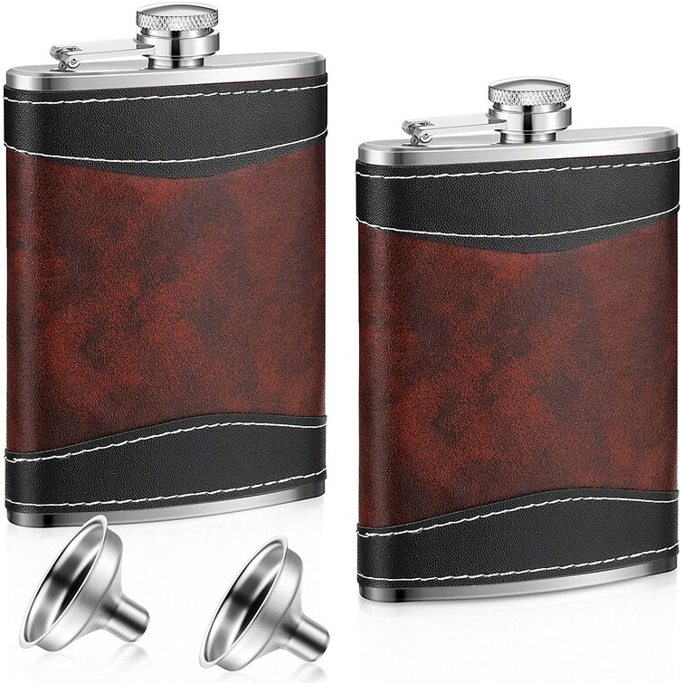 Brown Leather Stainless Steel 8 Oz Alcohol Whiskey Hip Flask with Funnel 