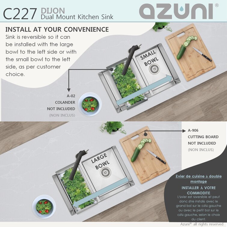 AZUNI 27L x 18W Stainless Steel Double Bowl 60//40 Reversible Topmount or Undermount 16G Kitchen Sink with Grids and Metal Strainers C227