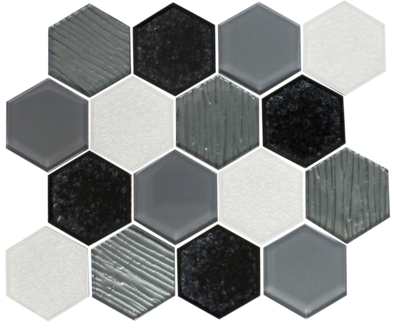 Latitude Run Kimberlei Crackle Hexagon Mix Random Sized Glass Mosaic Tile In White Black Wayfair