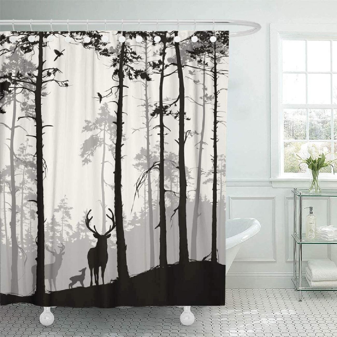 Relaxing Art Lotus Bamboo Shower Curtain Polyester Fabric Waterproof 12 Hooks