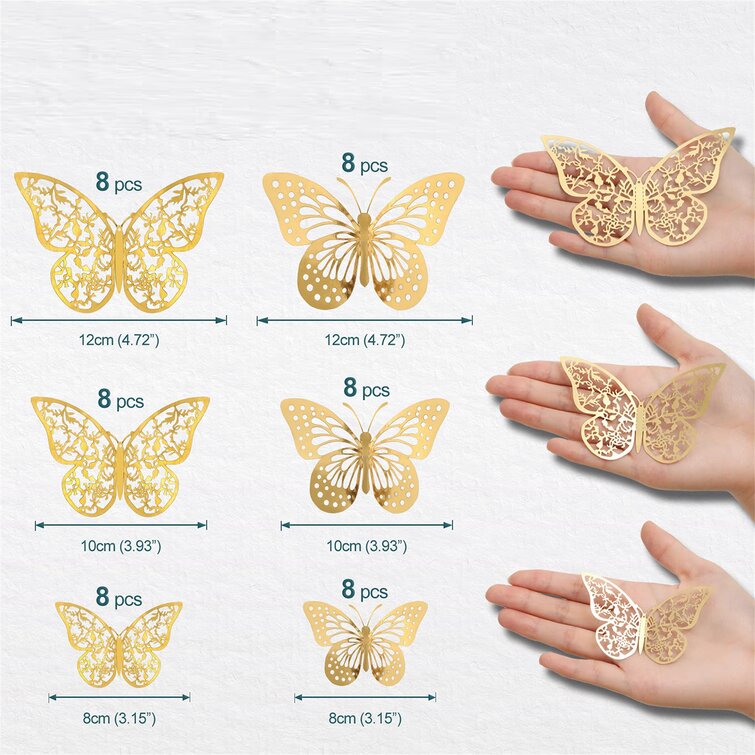Butterfly Wall Decor Sticker 3D Gold Removable Butterfly Sticker Decor for Birthday Party Cake 144 Pcs 3 Size 3 Styles Wedding Balloon Garland Christmas Girls Kids Room