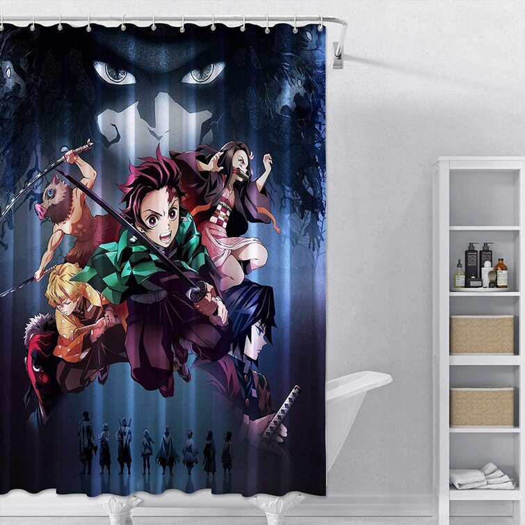 Demon Slayer Anime Art Waterproof Shower Curtain Bath Wall Hangings Decor Hooks