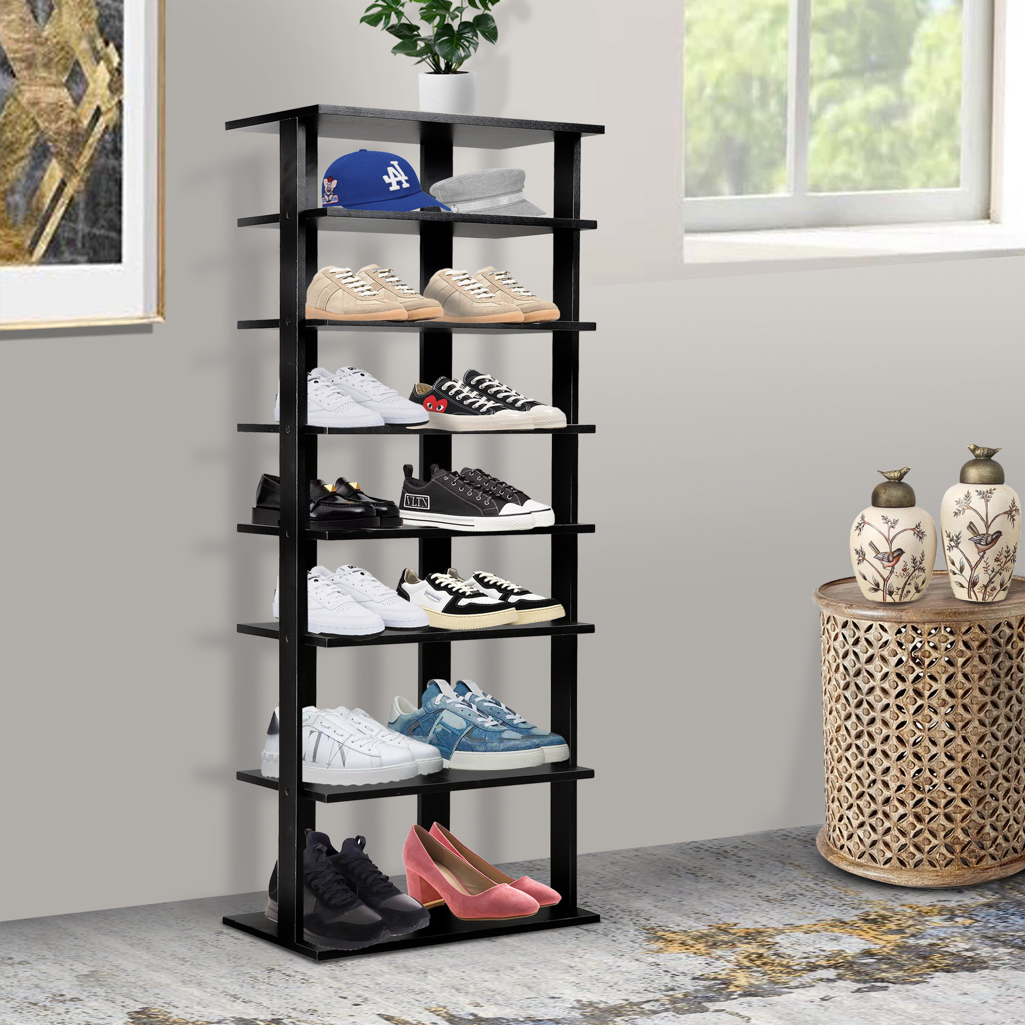 Ebern Designs 14 Pairs Black Manufactured Wood Shoe Rack | Wayfair