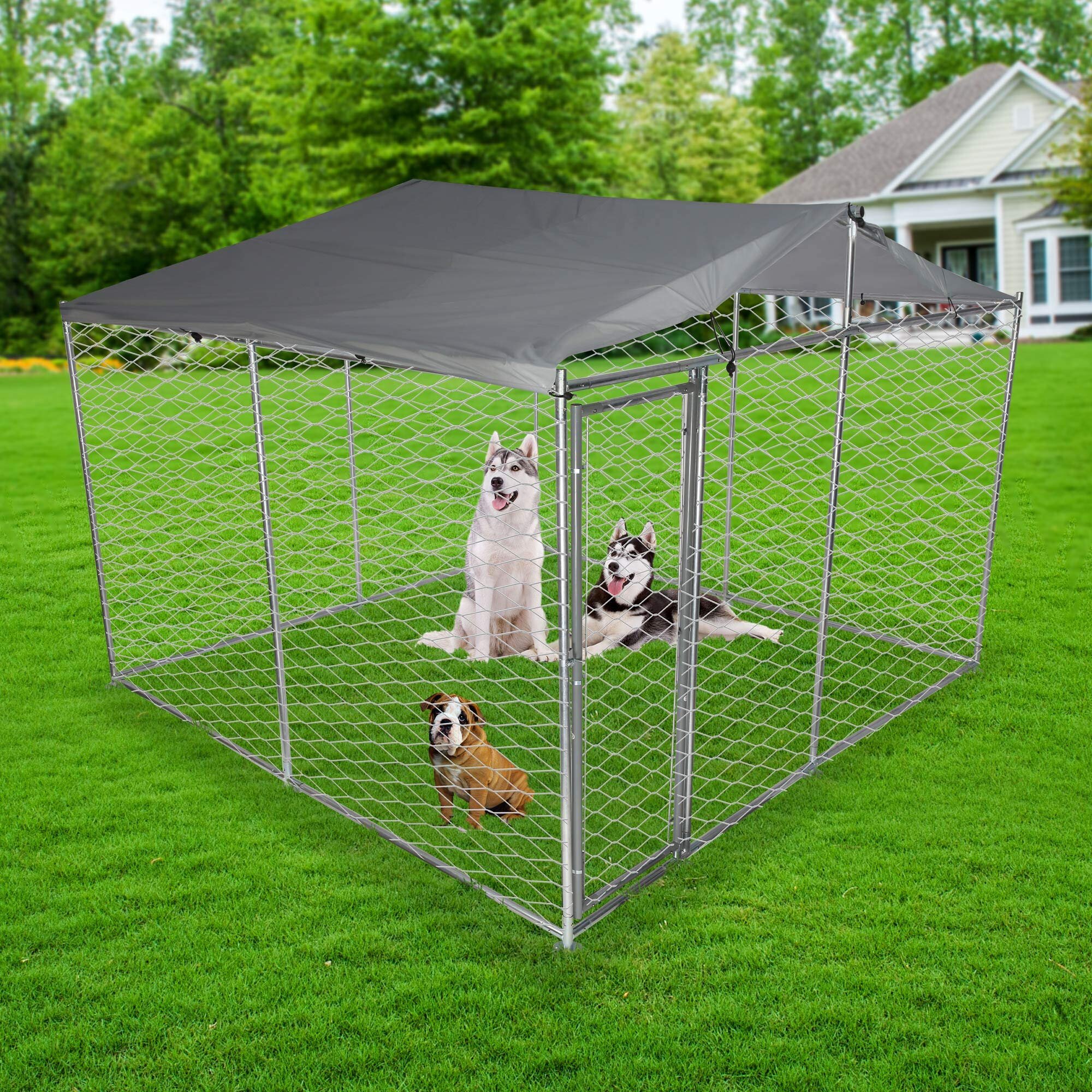 Outdoor Covered Welded Wire Steel Modular Yard Kennel Metal Pet Exercise Fence Barrier Playpen Kennel w/UV Protection Waterproof Cover & Roof Heavy-Duty Basic Expanded Metal Outdoor Dog Yard Kennel 