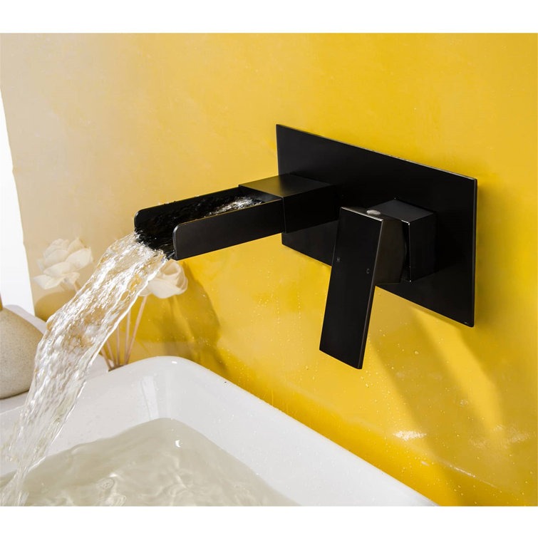 Matte Black Wall Mounted Bathroom Sink Faucet Waterfall Single Handle Bathroom Basin Faucets Modern Solid Brass Mixer Taps With Valve