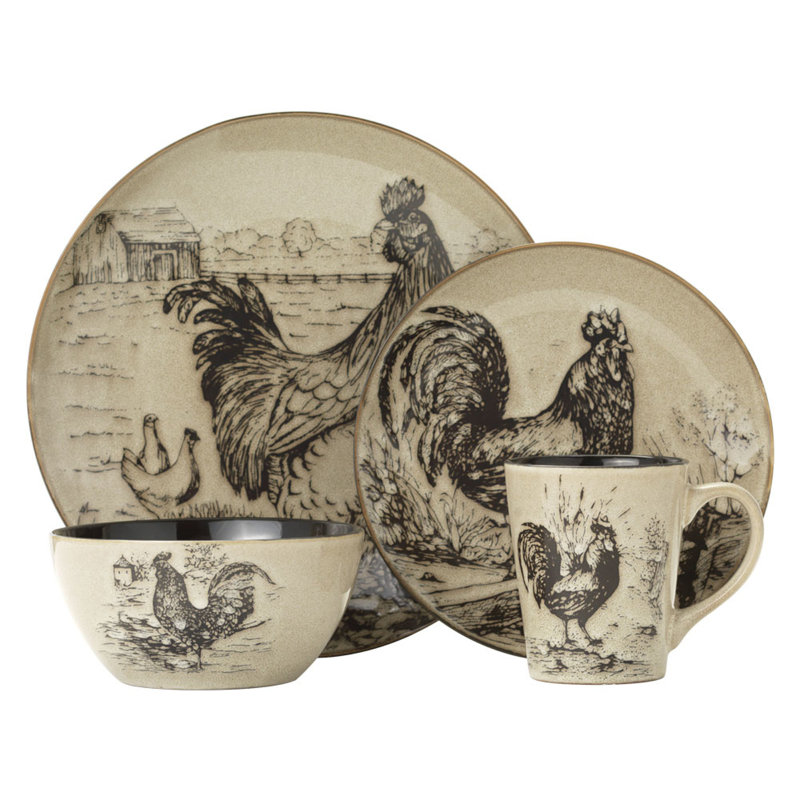 Pfaltzgraff Everyday Homespun Rooster 16-Piece Stoneware Dinnerware Set, Service for 4
