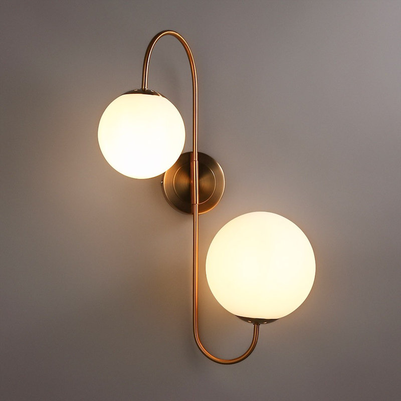 Holten 2 - Light Modern Wall Sconce White Globe Glass Shade Wall Lamp in Aged Brass