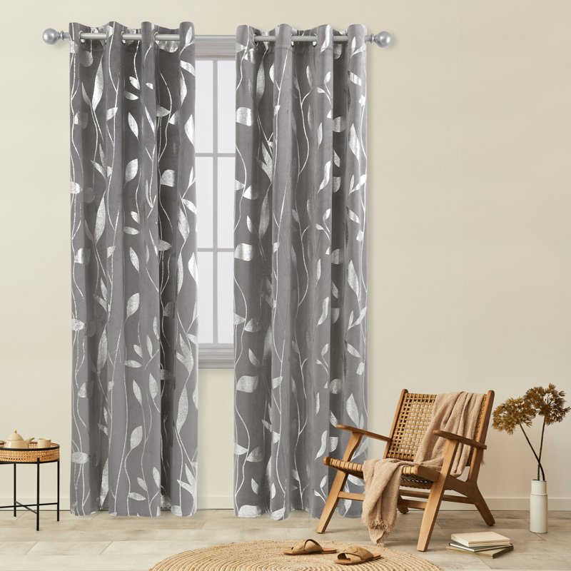 Blackout Velvet Sliver Foil Print Branches And Leaves Thermal Insulated Grommet Curtain Panels Set Of 2
