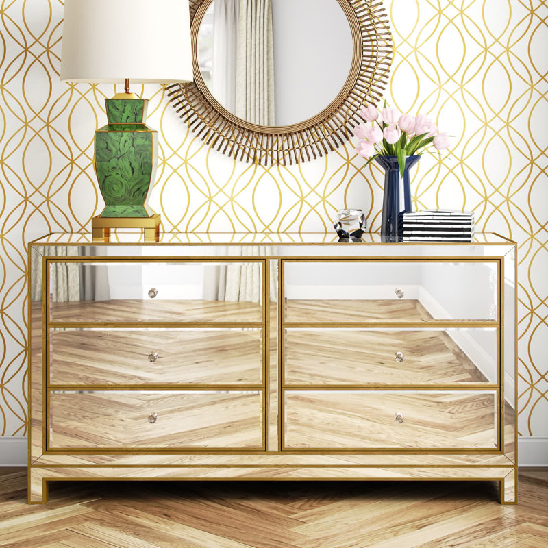 Fairgrove 60" W Solid and Manufactured Wood Glass Mirrored 6-Drawer Dresser