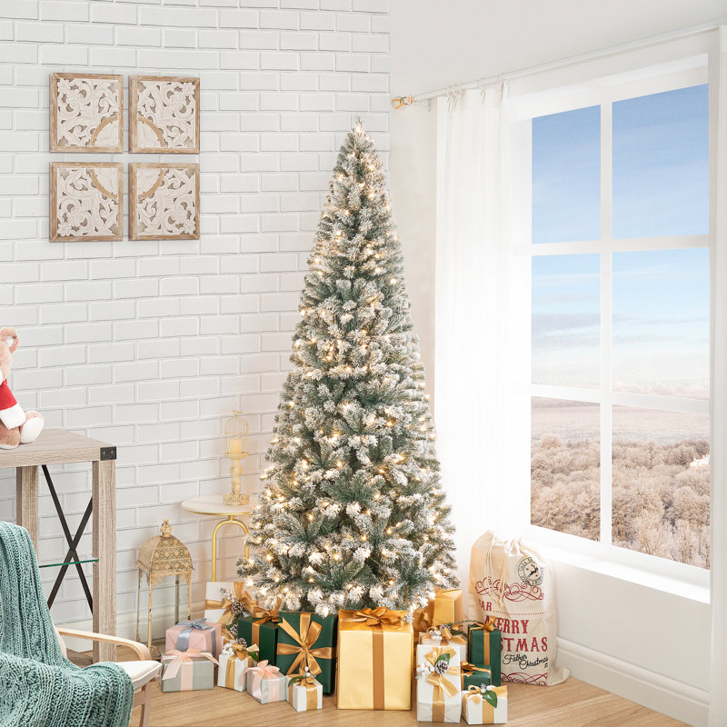 Frosted Prelit Slim Artificial Christmas Tree with Metal Stand Realistic Snow-Flocked Pencil Tree Available in 6.5 ft, 7.5 ft, and 9 ft Sizes for Elegant Holiday D cor with 500 Warm Lights,1455 Branch Tips