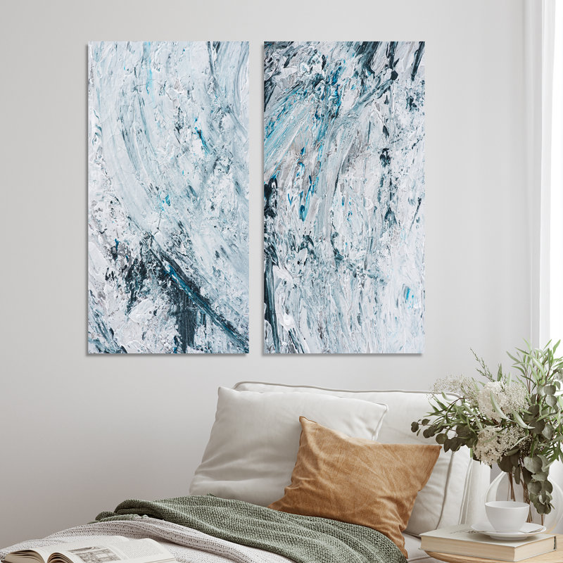 2 Piece Drawing Print Set on Canvas - Light Blue Abstract Paint Strokes
