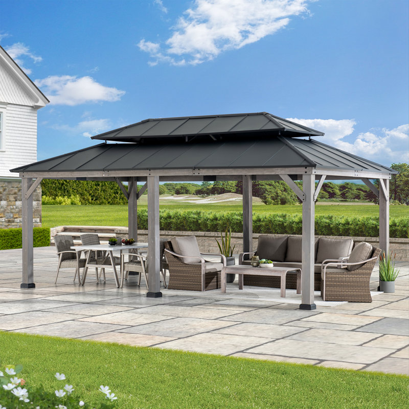 Sunjoy 12 x 20 ft. Wood Gazebo, Outdoor Patio Steel Hardtop Gazebo, Cedar Framed Wooden Gazebo with 2-Tier Metal Roof, Suitable for Patios, Lawn and Backyard