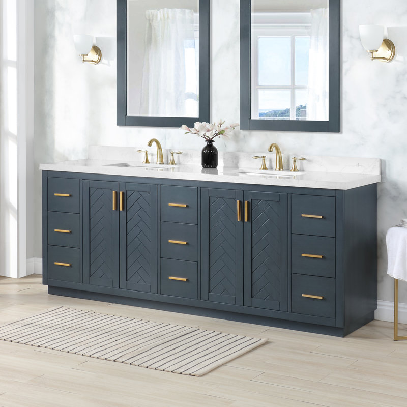 Gazsi 84" W Solid and Manufactured Wood Double Bathroom Vanity with Engineered Stone Top