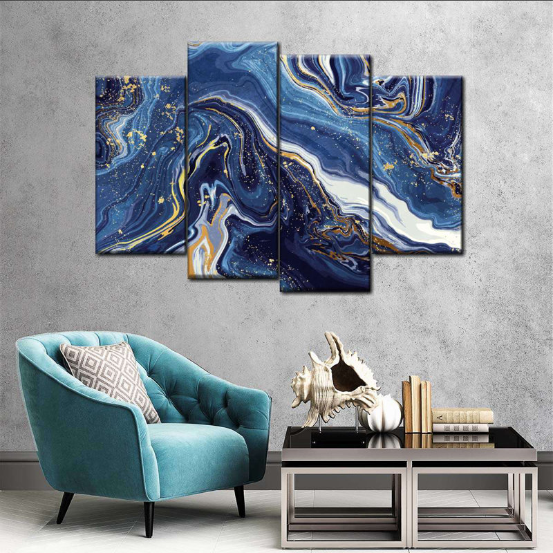 Dynamic Abstract Gold And Navy Suminagashi On Canvas 4 Pieces by Blair A Set