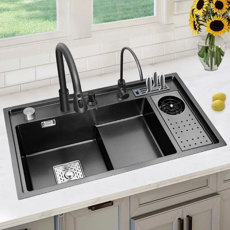 Drop-in Kitchen Sink Workstation With High-pressure Cup Washer Stainless Steel in Black