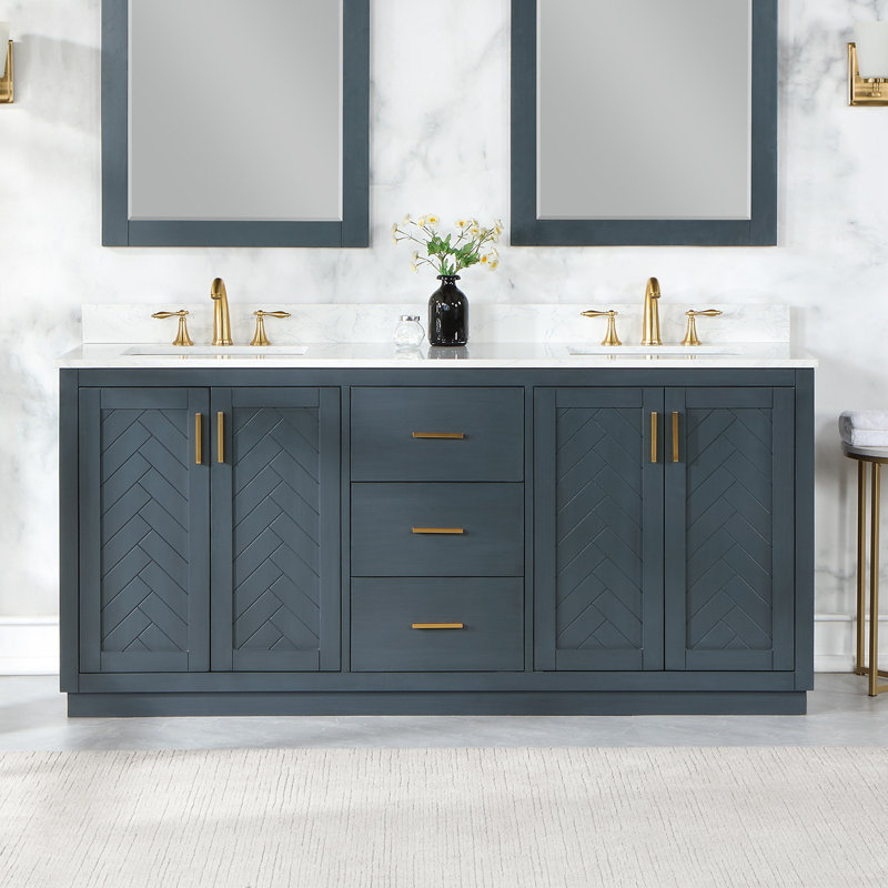 Gazsi 72" Double Bathroom Vanity Set With Grain White Engineered Stone Countertop Without Mirror