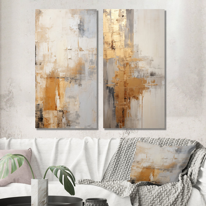 Gold And Beige Soft Fusion - Abstract Collages Canvas Art Print Set Of 2